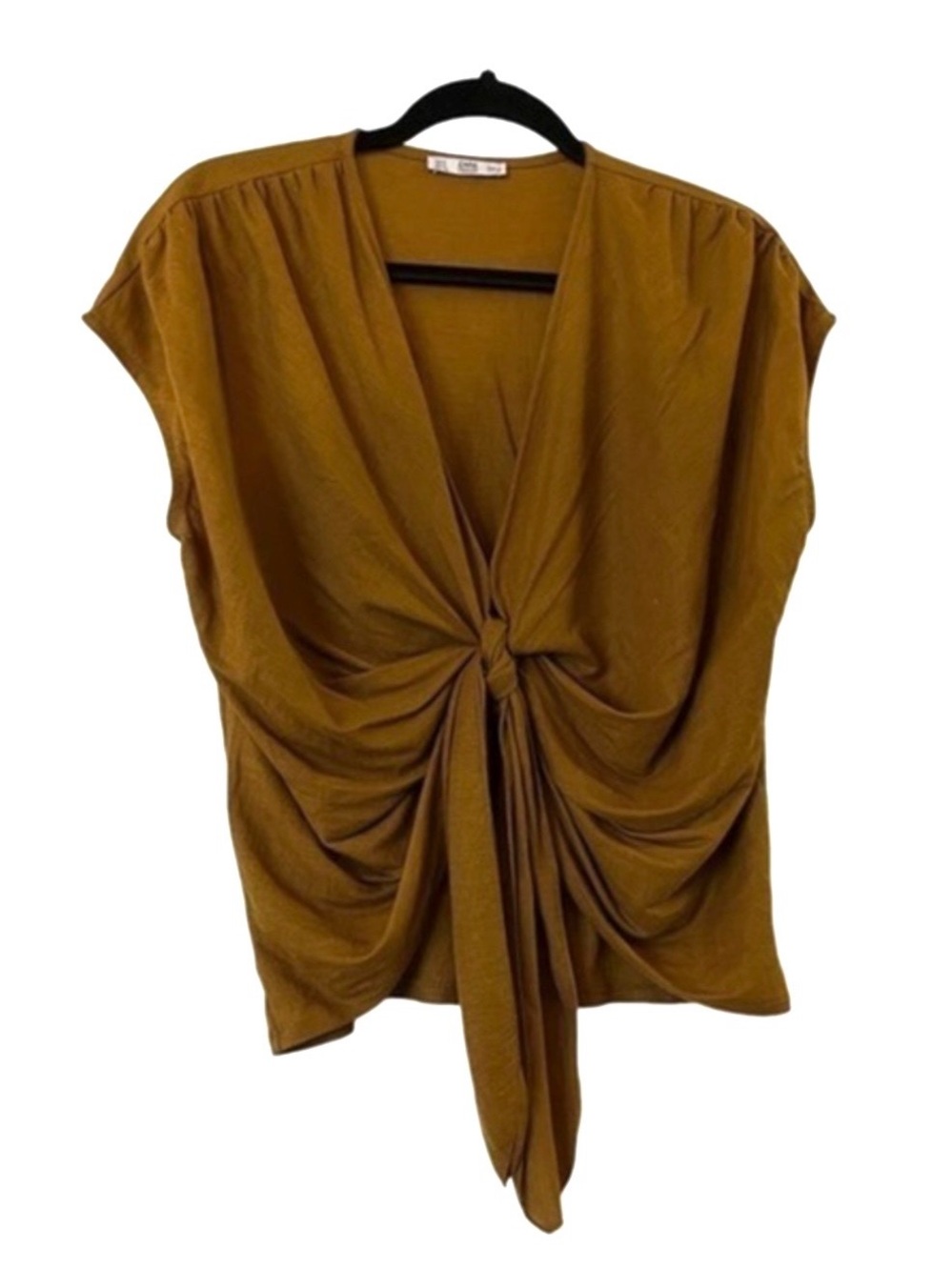 Zara Collection Twisted Tied Knot Draped V-Neck S/S Top, Ochre Earthy Brown